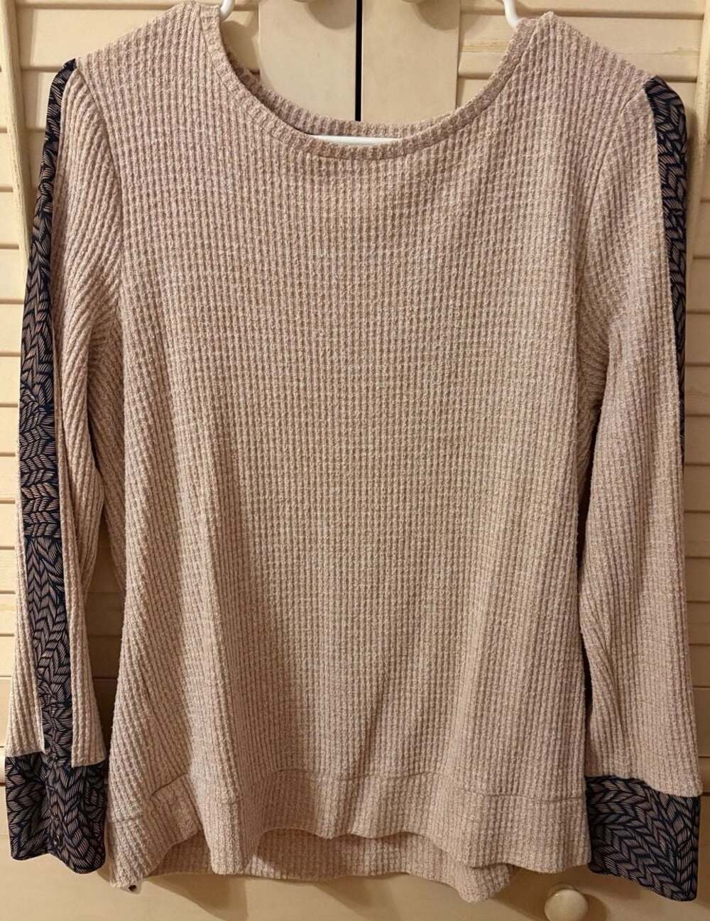 Les Serein Women's Tan Waffle Knit Pullover Top w Patterned Sleeves - Stitch Fix
